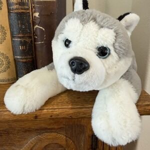 FAO Schwarz Plush Husky Wolf Dog 14" Plush Puppy Grey White Stuffed Toy Laying